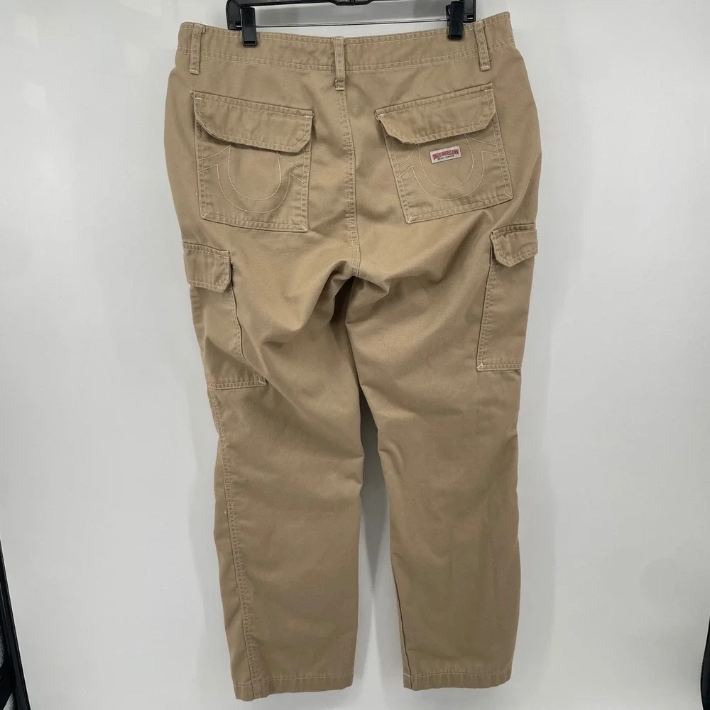 True Religion Cargo Pants Men 34 Tan Khaki Straight Leg Horseshoe Pocket Utility